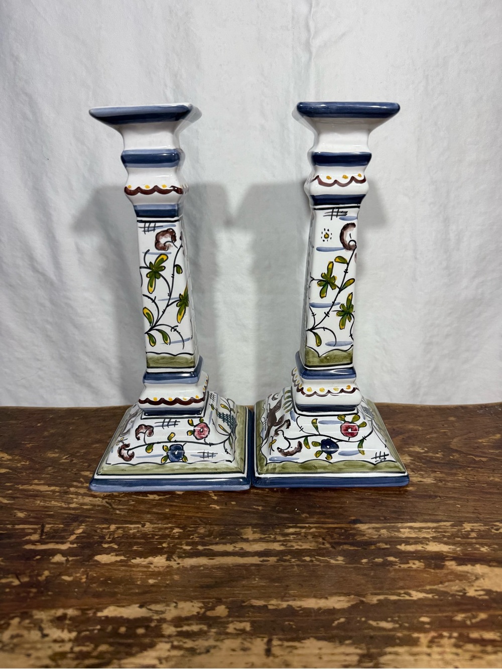 Williams Sonoma Blue and White Hand-Painted Ceramic Candlestick Pair